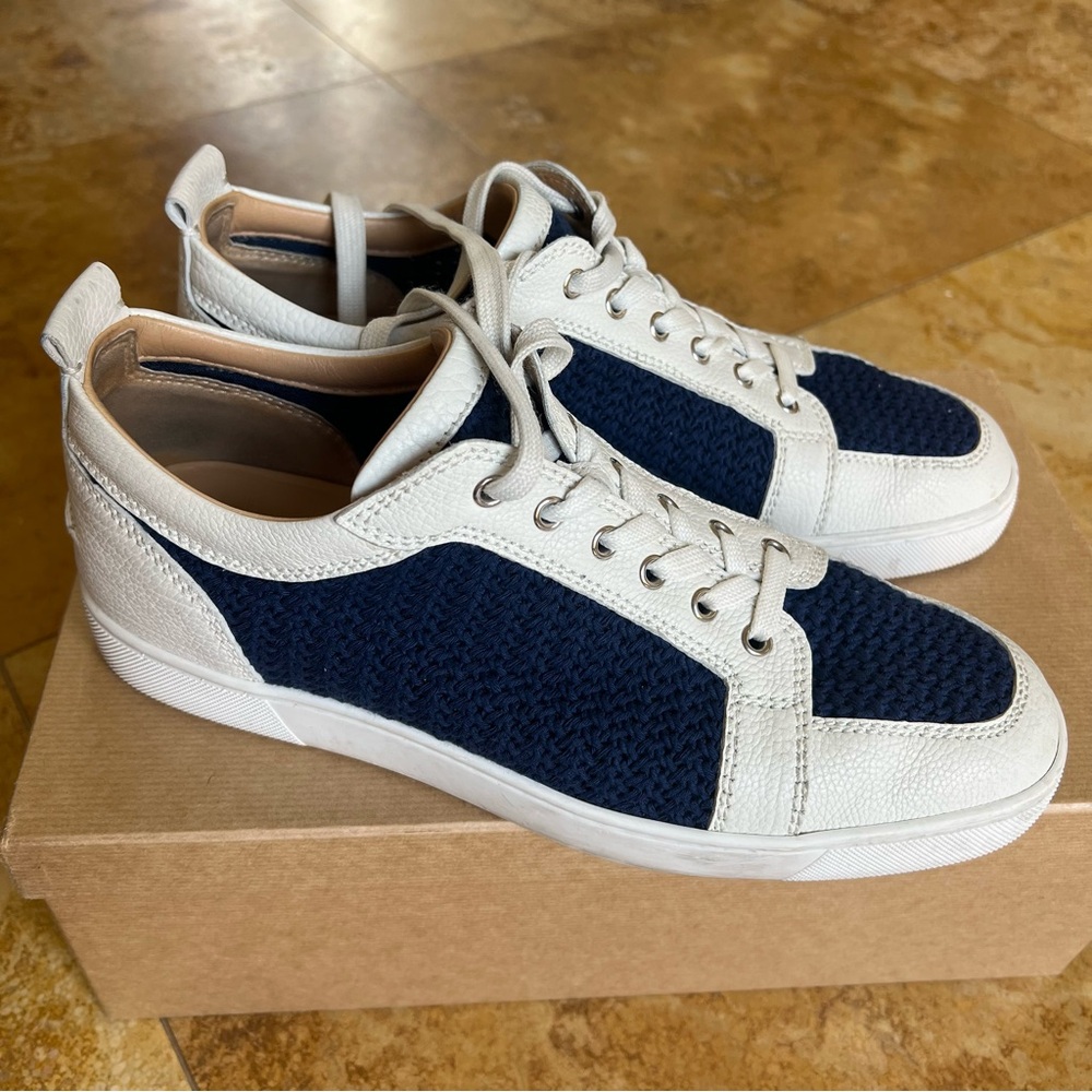 Men’s Christian Louboutin AC Rantulow Flat Jumbo Calf/Tricot in White/Navy - Picture 5 of 11